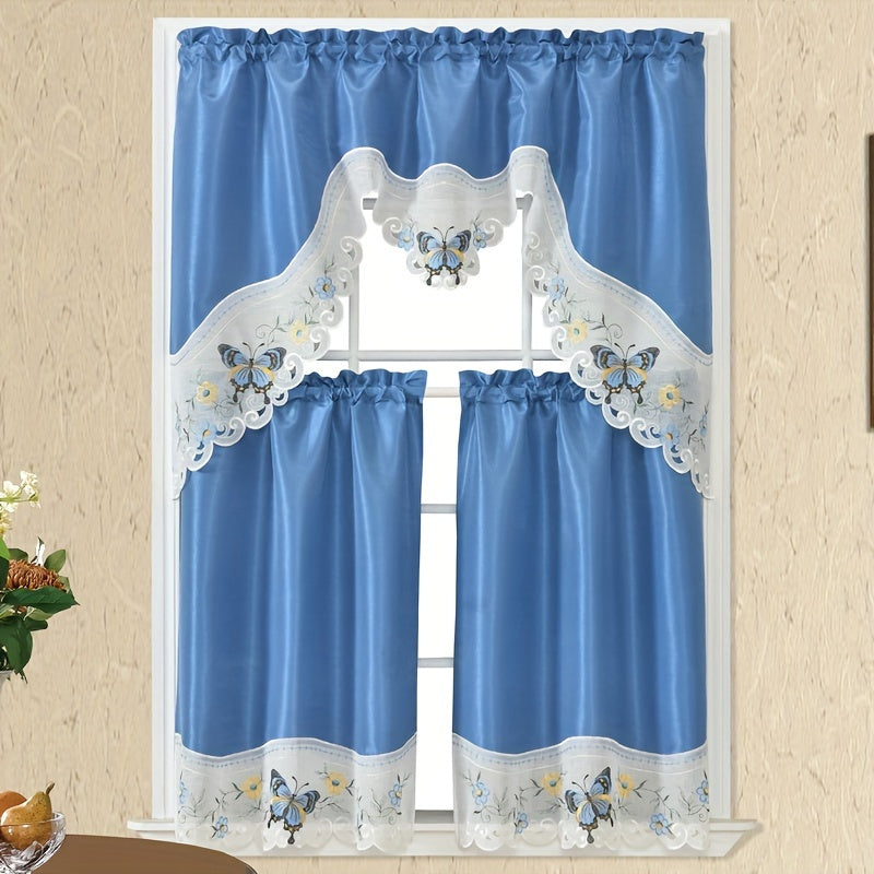 1 SET 3pcs/set Polyester plain fabric with beige floral lace, machine- pink blue gray burgundy butterfly pattern curtains, suitable for home decoration, bathroom, living room, bedroom, kitchen, outdoor decor, villa, wedding,